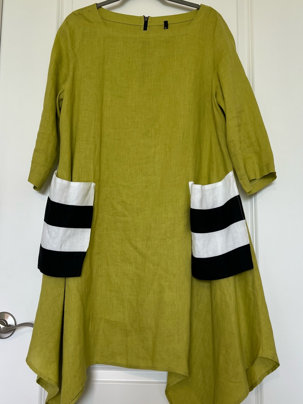 IC By Connie K pure linen Lime Green Tunic Dress with Striped Pockets M GREAT